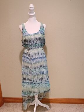 love...ady Sleeveless Blue-Green Patterned High-Low Dress Size M NEW